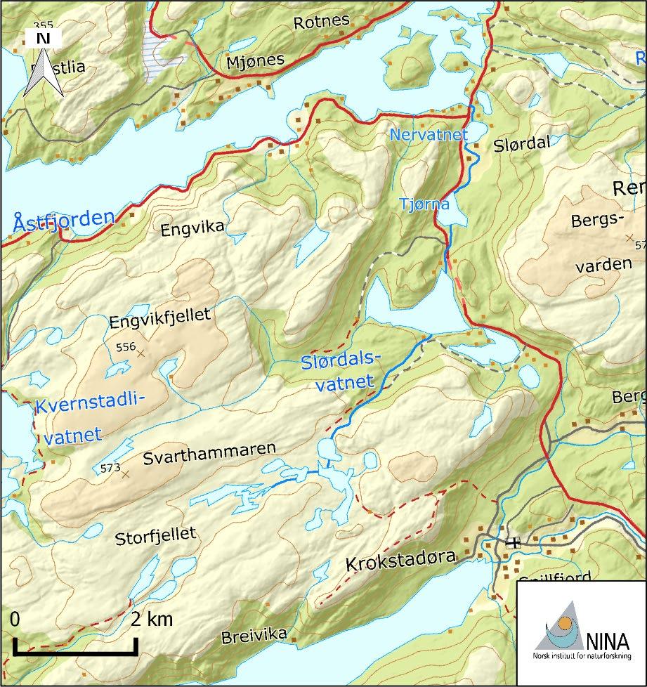 6 Slørdalselva Figur 6.1. Oversiktskart over Slørdalselva. Hovedstrengen i vassdraget er markert med blå strek. Kartet er generert i QGIS 2.18.
