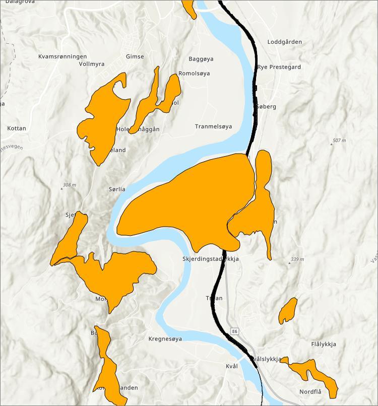 40 ENDRING AV DETALJREGULERING FOR E6 KVÅL - MELHUS SENTRUM Figur 34: Viser utstrekning for sand- og grusressurser med sikker avgrensning, hentet fra ngu.