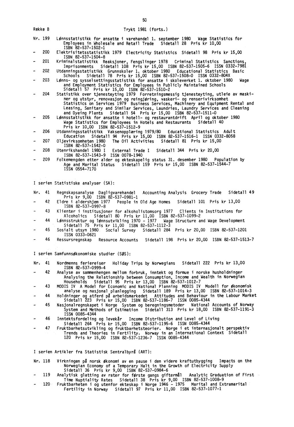 50 Rekke B Trykt 1981 (forts.) Nr. 199 Lønnsstatistikk for ansatte i varehandel 1.