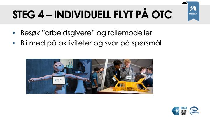 Individuell flyt på Ocean Talent Camp elevene går for seg selv eller i små grupper Under besøket skal alle grupper løse sine oppgaver: Gruppene skal starte besøket hos sin tildelte