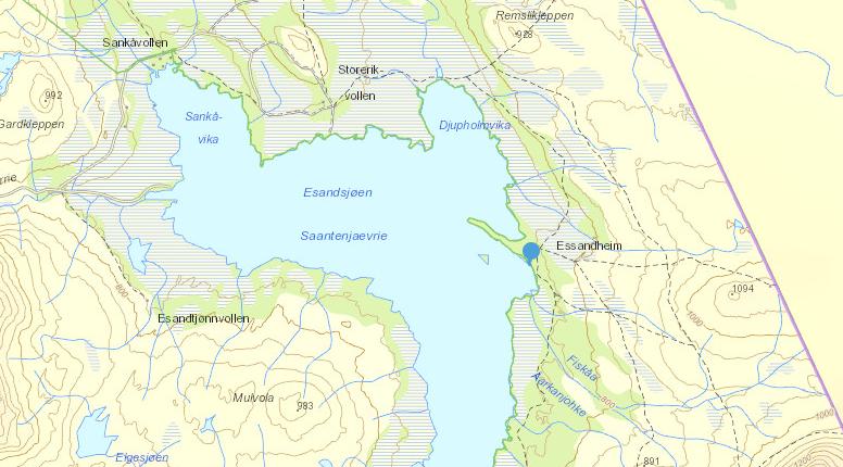 Oversiktskart som viser Essandheim, blått punkt. Vurdering Forvaltningsmyndigheten for Skarvan og Roltdalen nasjonalpark er delegert til nasjonalparkstyret for Skarvan og Roltdalen og Sylan.