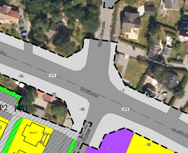 Utsnitt av plankartet til kommuneplanens arealdel Reguleringsplan og ev.