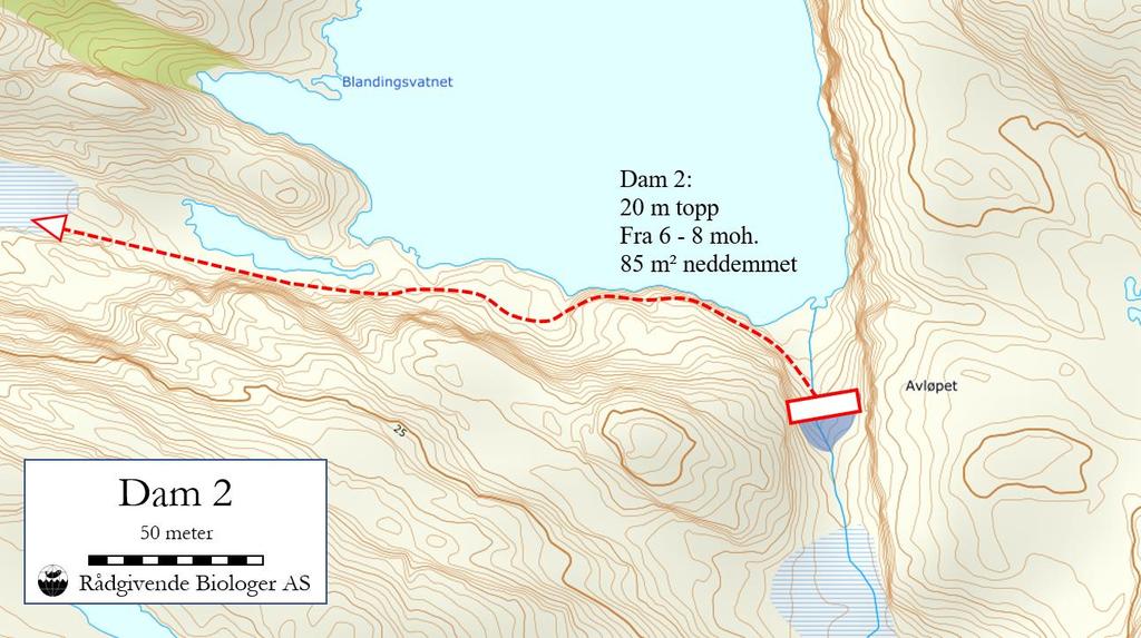 2.2.4 Overføringsdam 2 Innløpsbekken til Blandingsvatnet vil bli demmet opp to meter ved kote 6 moh.