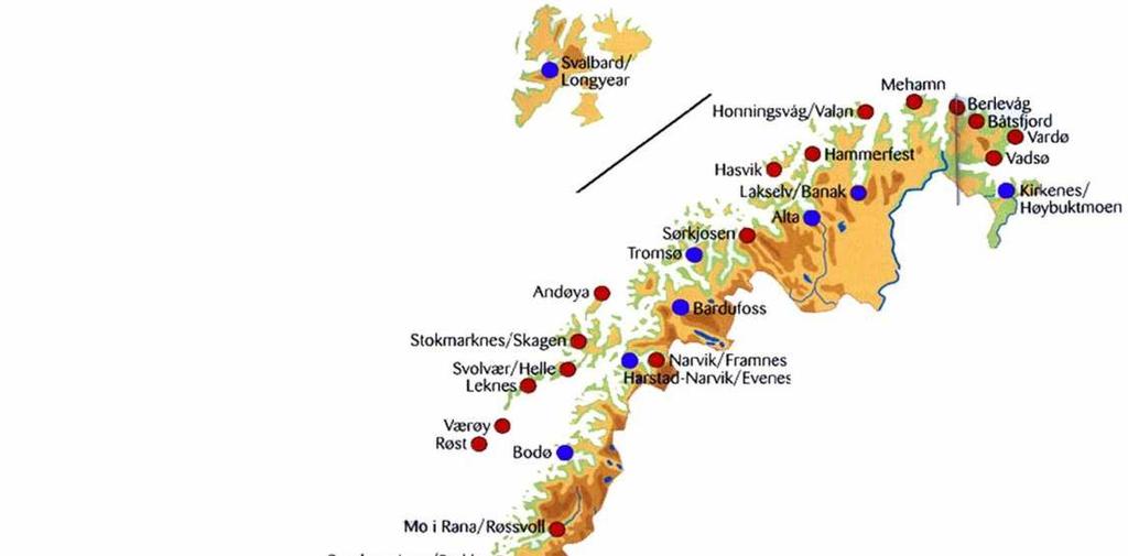 Geografisk oversikt over Avinors virksomhet Blå: Stamruteplasser Rød: