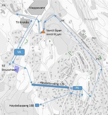 Høydebasseng 168 Et endebasseng i enden av byggefelt på Øvre Kleppe: Råsprengt i fjell på 1960-tallet, med volum ca 400 m3 Avstengt med låst dør, og innenfor er bassenget utformet med betongterskel