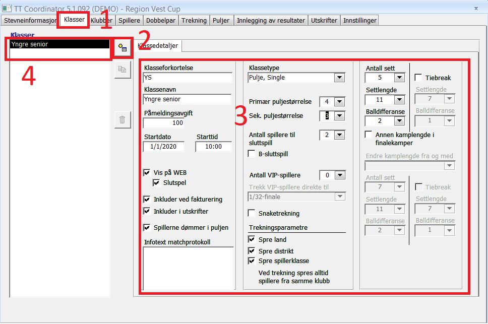 15 OPPRETTE KLASSE I TURNERINGEN 1. Velg fliken «Klasser» 2. Trykk på «Ny klasse» 3. Fyll inn klassedetaljene 4.