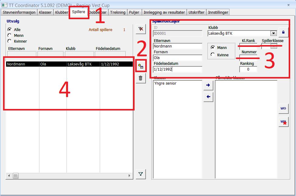 17 OPPRETTE SPILLER I TURNERINGEN 1. Velg fliken «Spillere» 2. Velg «Ny spiller» 3. Fyll inn spillerdetaljene. De overstrøkede delene er ikke relevante i norsk bordtennis. 4.