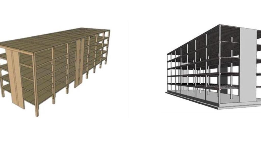 Illustrasjon av konstruksjonene i hovedmaterialene massivtre (venstre) og prefabrikkert betong (høyre). Dette var det minste bygget i undersøkelsen.