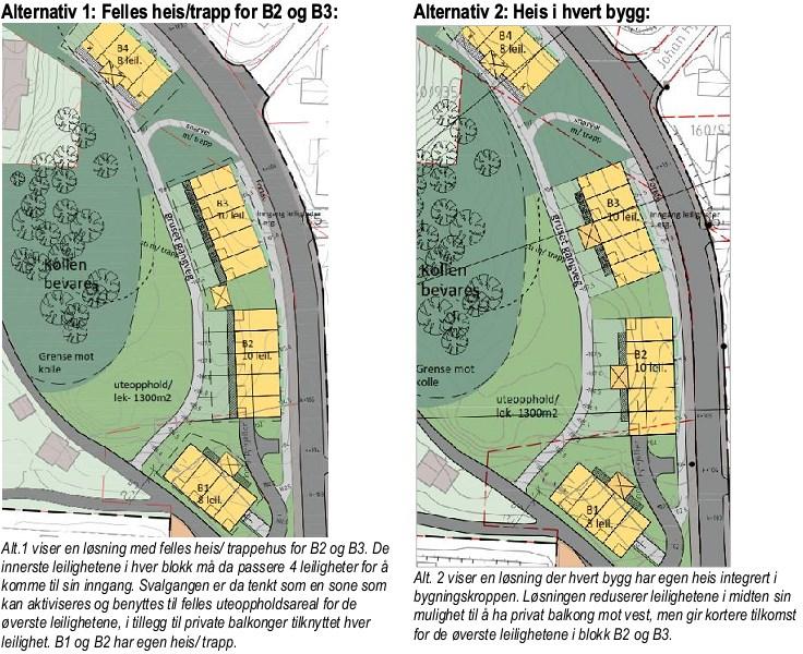 Forslagstiller viser to alternativ til løsning for B2 og B3, hvorav det ene viser integrert heis i hvert bygg og det andre viser felles heis/trapp mellom byggene. Jamfør figur 3.