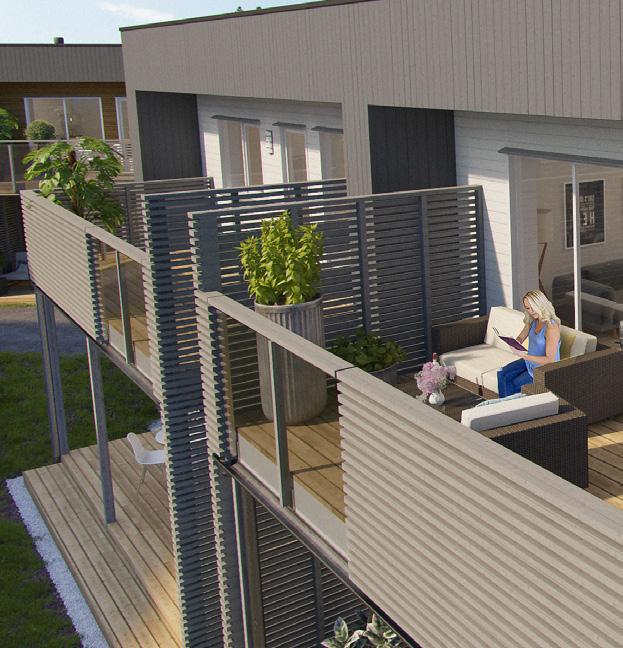 Moderne leiligheter med solrik balkong Illustrasjon terrasse Flytt inn i en 3-roms leilighet med god planløsning og luftig romfølelse.