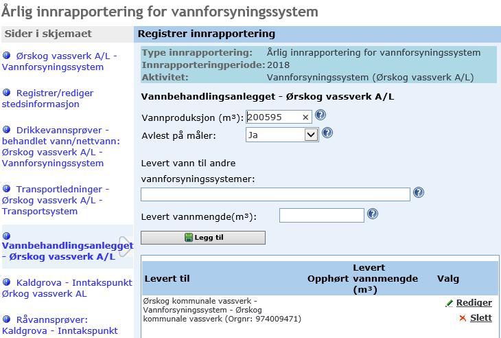 Skjermbilde «Behandlingsanlegg» Neste skjermbilde inneholder informasjon om den totale vannproduksjonen ved behandlingsanlegget og uttaket fra de enkelte inntakspunktene.