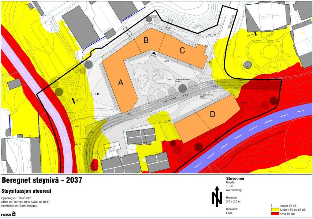 6 RESULTAT 6.1 STØYNIVÅ PÅ FELLES UTEAREAL Felles uteareal er planlagt mellom boligblokkene, se situasjonsplan i Figur 2.