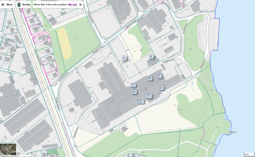 Disponering av området: Kart 3 0. Administrasjon og vekt for inn og utveiing av varer 1. Papirhall. Mottak, sortering, pressing og lagring av papp, papir og plast 2. Masser og gips.