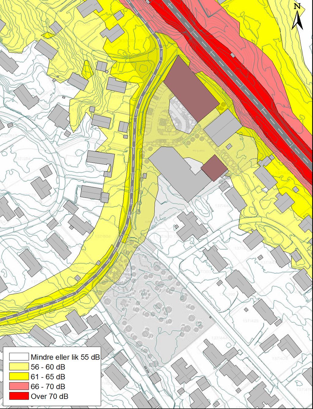 3 Beregningsresultater Figur 3 viser støyutbredelsen over planområdet fra vegtrafikk på nærliggende veger.