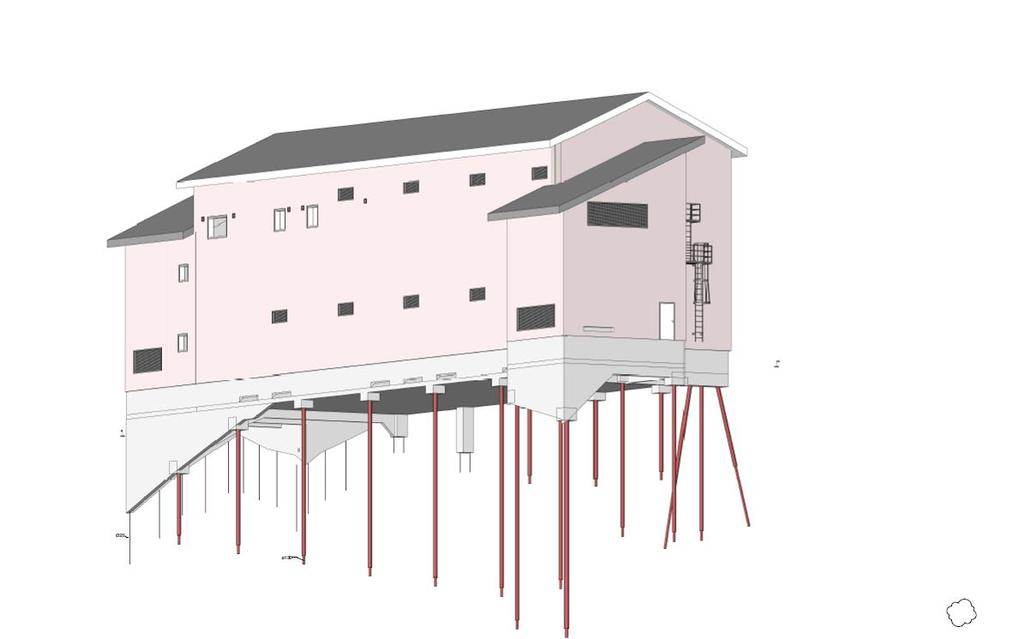 Figur 7. 3-d modell av stasjonsbygg. Fasade mot Sørfjorden. Bygget må bygges på påler da bygget vil ligge på en steinfylling. Pålene er nødvendig for at bygget skal være stabilt.