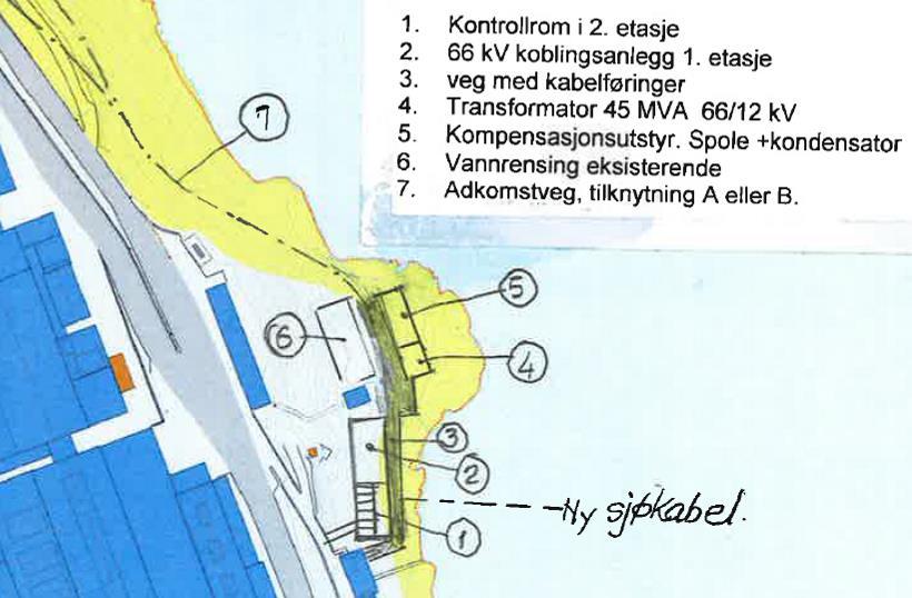 3.6 Vurderte, men ikke omsøkte alternativer Det er vurdert en annen plassering av nytt 66/12 kv anlegg på Eitrheimsneset, se figur 10. Figur 10.