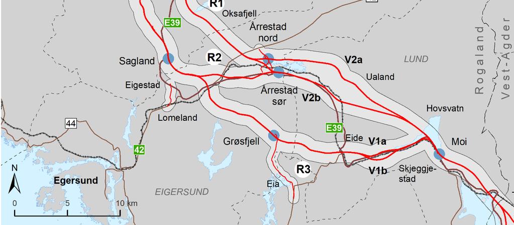 Oversikt over korridor R1, R2 og R3 og kryss i Rogaland, med varianter i fire variantområder Varianter På korridorene i Rogaland er det varianter på fire delstrekninger (innfelt kart, Figur 19): V1