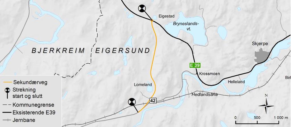 Ny rv. 42 mellom Lomeland og Eigestad Omlegging av rv.42 mellom Lomeland og Eigestad inngår som del av både R1, R2 og R3 (Figur 37).