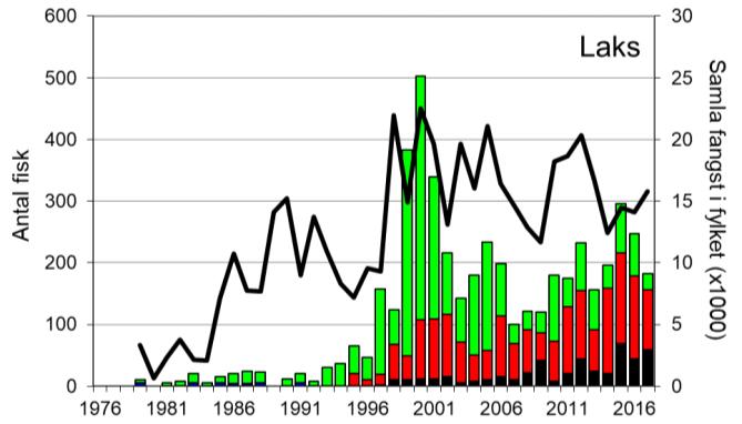 Skjel 2017 FANGST OG SKJELPRØVAR I FRAFJORDELVA Fangststatistikk Gjennomsnittleg årsfangst av laks i perioden 1979-2017 var 131 (snittvekt 3,2 kg).