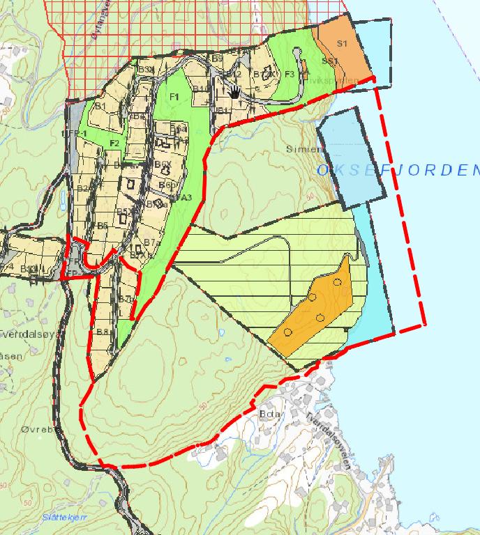 Fig. 5. Oversiktskart gjeldende reguleringsplaner. Planområdet er markert med rød stiplet linje 10. Vesentlige interesser som berøres av planinitiativet.