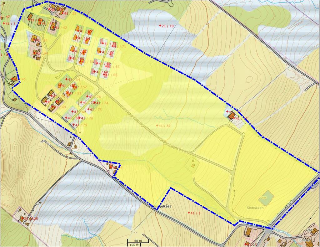 Planområdet avgrenset med blåstiplet strek på kartgrunnlag fra 2019. Planområdet omfatter gbnr.