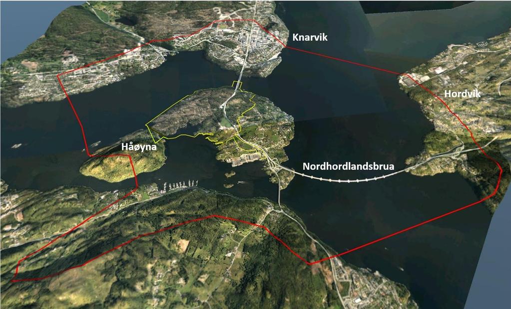 Figur 6. Plan- og influensområdet på Flatøy. Planområdet er markert med gul linje, og influensområdet er markert med raud linje. Nord er mot venstre i biletet (illustrasjon: Opus Bergen AS). 3.