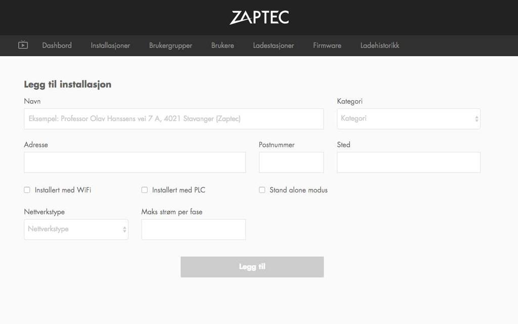5. Installasjon Forberede installasjonen i ZapCloud Kun ZAPTEC-installatører/-servicepartnere kan legge til installasjoner i ZapCloud-skyløsningen.