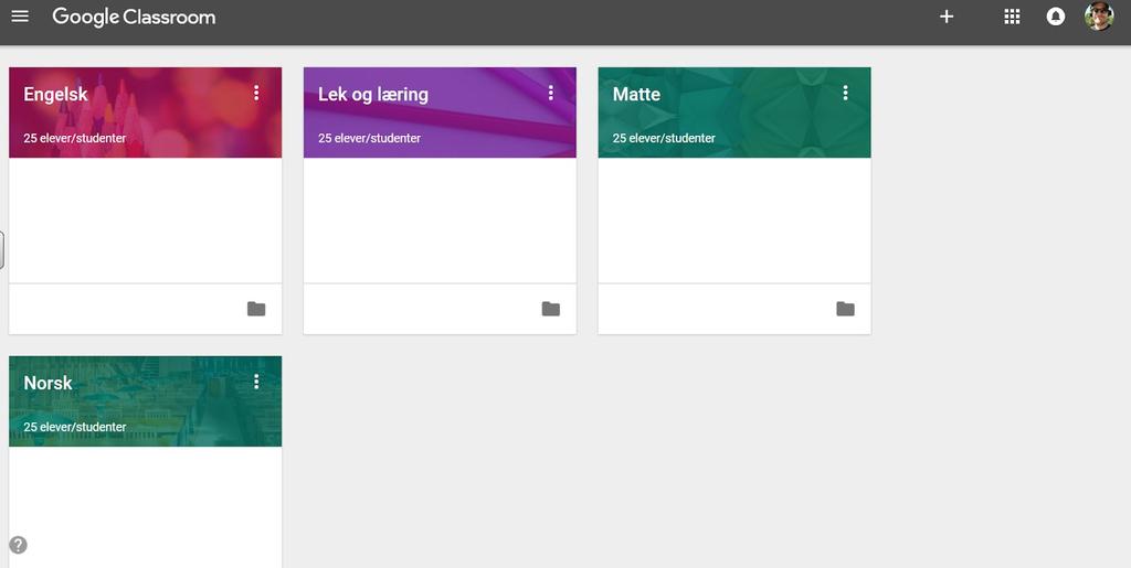 GOOGLE CLASSROOM UTSEENDE Elevene er foreløpig medlemmer i 4 kurs. Disse kursene følger elevenes fag på skolen.