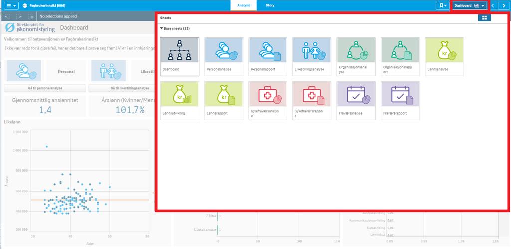 Du kan også bevege deg mellom de forskjellige analysene og rapportene, ved å trykke på «Dashboard» knappen øverst til høre i visningen.