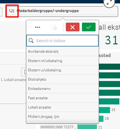 Dersom vi velger «Fast ansatte» her, og trykker på den grønne knappen for å bekrefte valget, kan vi trykke på filteret en gang til for å velge medarbeiderundergruppe.