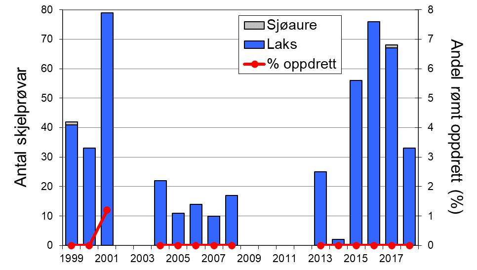 Sjøaurefangstane i Dalselva avvik frå resten av fylket, særleg ved relativt høge fangstar i Dalselva i åra 2009-13.