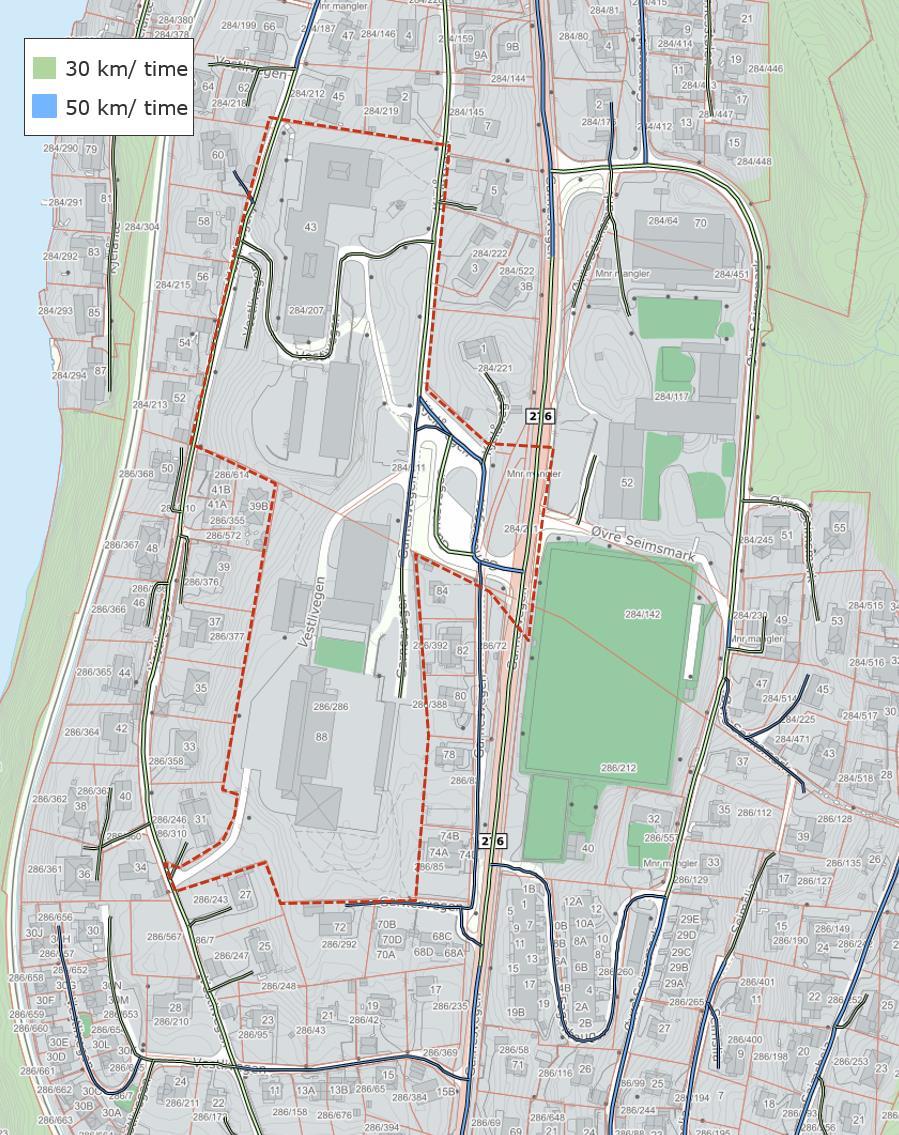 Figur 3: Fartsgrenser i området. Planområdet er markert med rød stiplet linje. (Kilde: NVDB) 2.4 Kollektivtrafikk I figur 4 er plasseringen til bussholdeplassene som ligger nærmest planområdet vist.