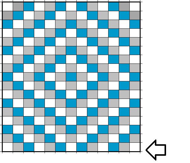 Beskrivelse: Her ses mønsteret i teppe. Hver firkant er 1 C2C lapp 6x6. Det startes i høyre side og lappene hekles sammen mot venstre.