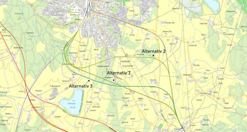 Konsept 1 ble i KVU-arbeidet videre detaljert og optimalisert til de to linjevariantene 1 og 2 som er vist i figuren under. Disse er brukt som utgangspunkt i videre forberedelser til planarbeidet.