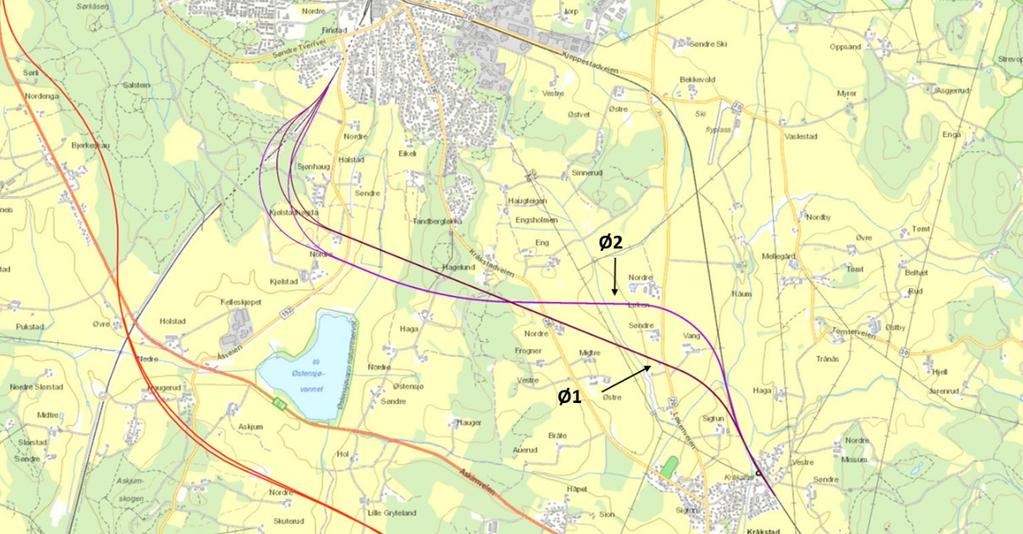 Figur 4. Traséer for østre linje som ønskes utredet videre i høy og lav variant. I de lave alternativene av Ø1 og Ø2 går sydgående Østre linje under Vestre linje.