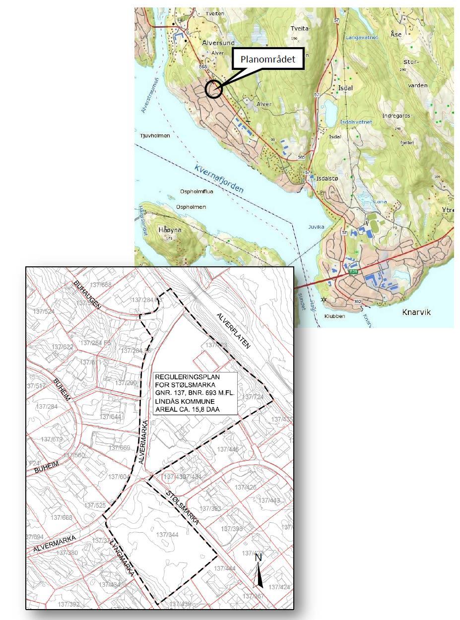 2 TRAFIKKVURDERING STØLSMARKA Figur 1 Planområdet (kilde: ARD Arealplan AS) Planområdet Planområdet ligger 30 km nord for Bergen, ved fv. 565 nordvest for Knarvik og Isdalstø.