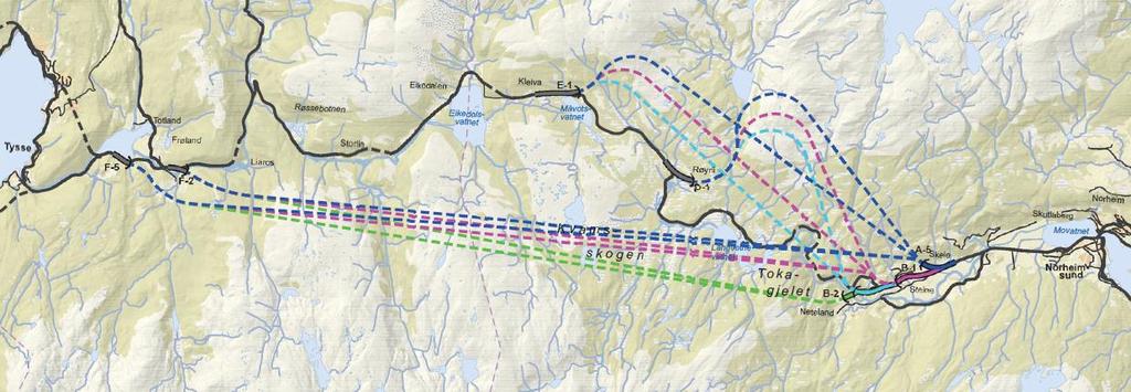 2 Forutsetninger Det er gjort beregninger og vurderinger på tre alternativer; A-D, A-E og A-F. Se Figur 1 for alternativene.