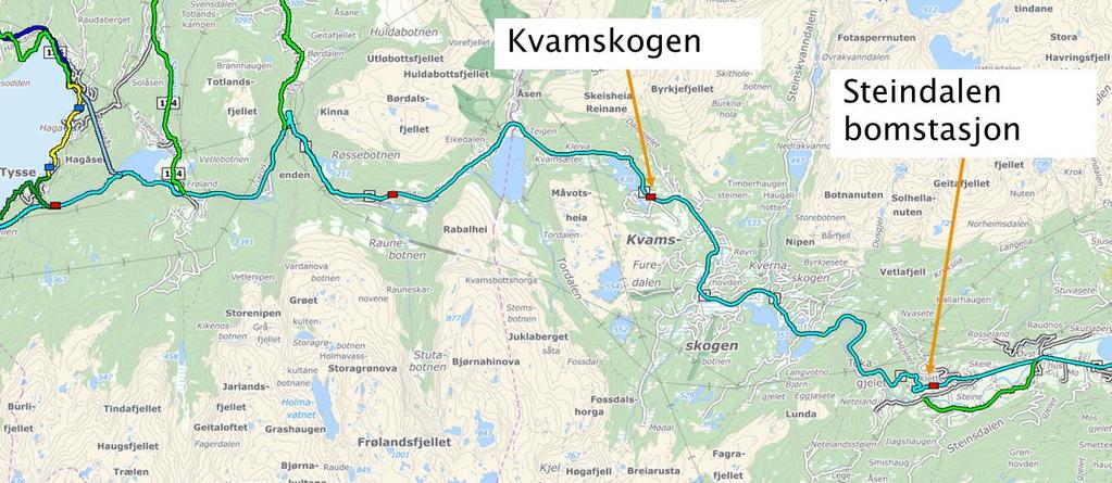 3 Trafikkutvikling og dagens trafikk Det er tre nivå 1 tellepunkt mellom Kvamskogen og Norheimsund. Disse tellepunktene er vist i Figur 2.