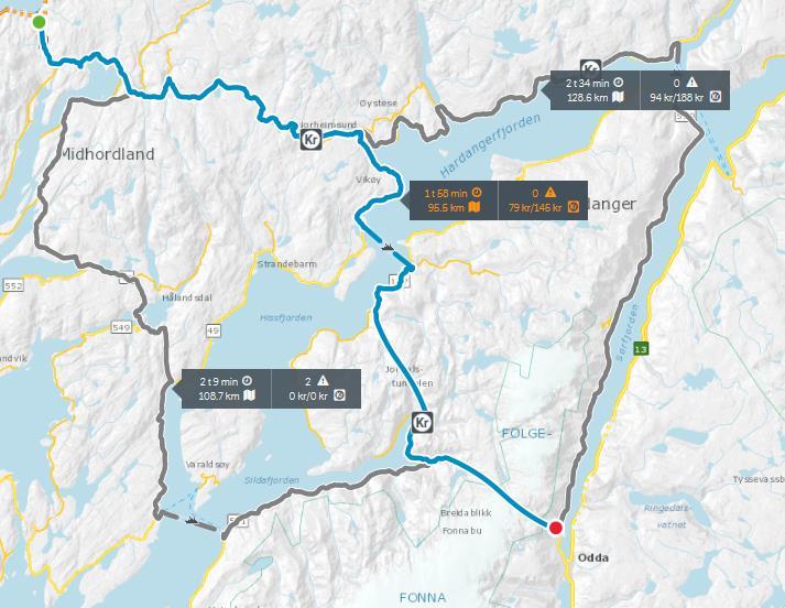 4 Justering av trafikken fra transportmodellen I transportmodellen kan fv. 7 fremstå som en konkurrerende rute for turer mellom Øst- og Vestlandet. Både i kombinasjon med rv.