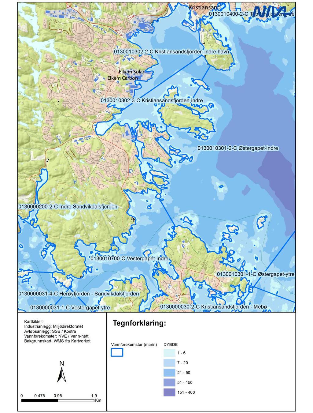 Figur 3. Oversiktskart som viser plasseringen av bedriftene REC Solar Norway AS og Elkem Carbon AS i Kristiansandsfjorden.