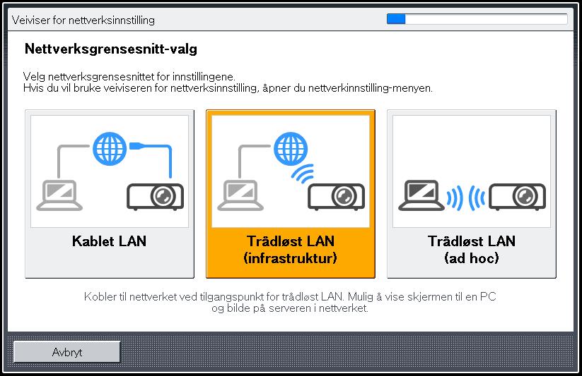 Koble projektoren til et nettverk 1. Velg [Trådløs LAN (infrastruktur)] på Veiviser for nettverksinnstilling og trykk på [Enter]. Listen over trådløse LAN-nettverk som du kan koble til, vises. 2.