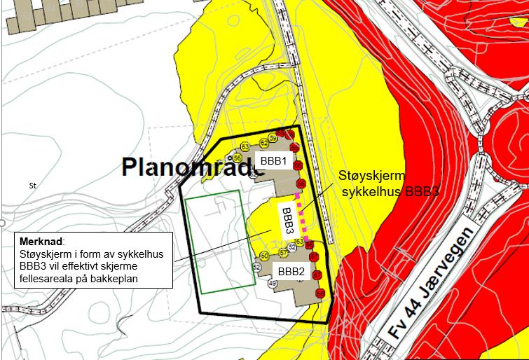 Figur 10: Støysonekart for bustadblokken i detaljreguleringa for Loen. Støykartet er oppdatert med skjerm mellom BBB1 og BBB2 for å stoppe støylekkasjen inn mot fellesareala på bakkeplan.