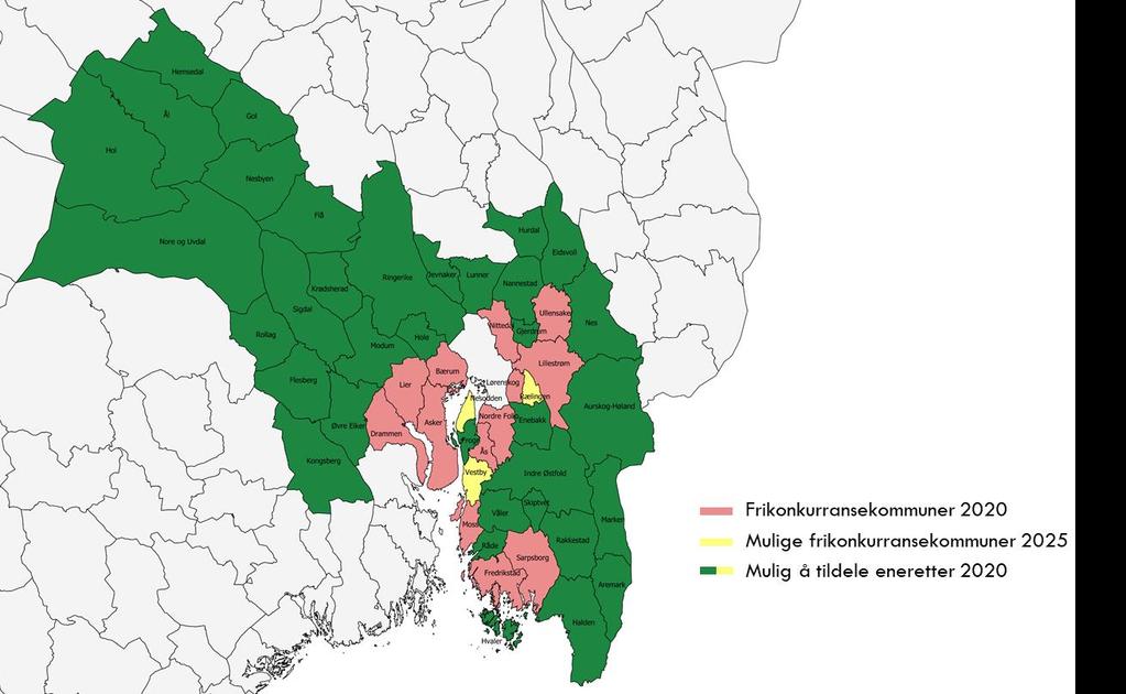 Figur 6-1: Kart over kommuner etter hvor det kan tildeles enerett Kilde: Oslo Economics, 2020 I de kommunene der bruk av eneretter er tillatt, må fylkeskommunene likevel gjøre en konkret vurdering av