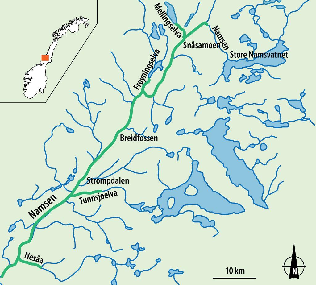 1.2 Namsenvassdraget Namsenvassdraget ligger i Trøndelag fylke, og har et nedslagsfelt på 6 274 km 2.