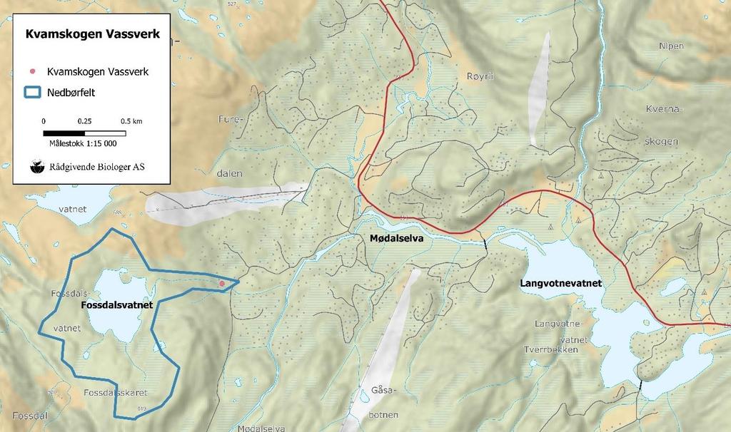 OMRÅDEBESKRIVELSE Bekken fra Fossdalsvatnet er en sidegrein til Mødalselva, som renner fra Langvotnevatnet på Kvamskogen, oppe i Steinsdalsvassdraget (vassdragsnummer 052.7Z) (figur 4).