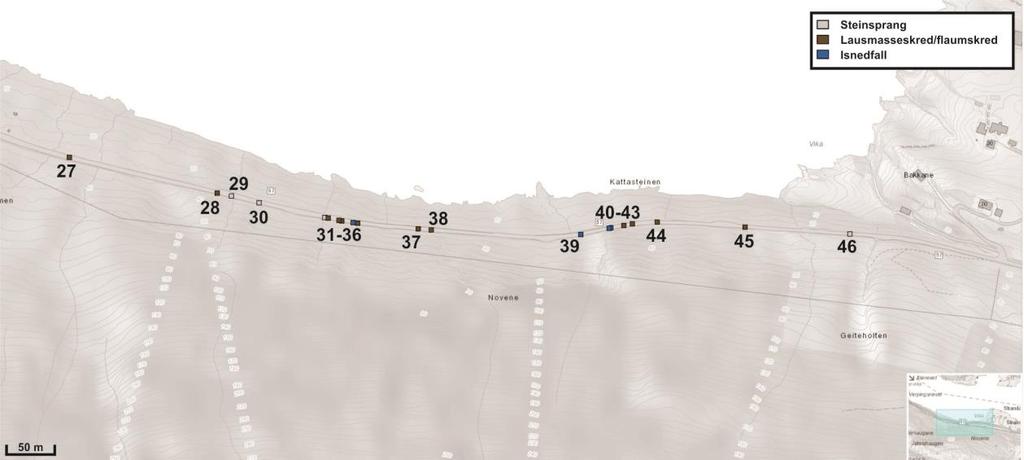 Figur 19: Skredhendingar langs strekninga frå Kvamen til Strandanes. Kjelde: NVE m. fl. Figur 20: Registrerte skredhendingar frå Strandanes til Nistadlia.