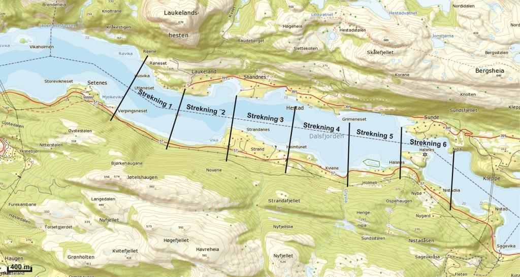 Figur 30: Oversikt over dei seks definerte einingsstrekningane. Basert på kart frå Statens kartverk. 5.1.