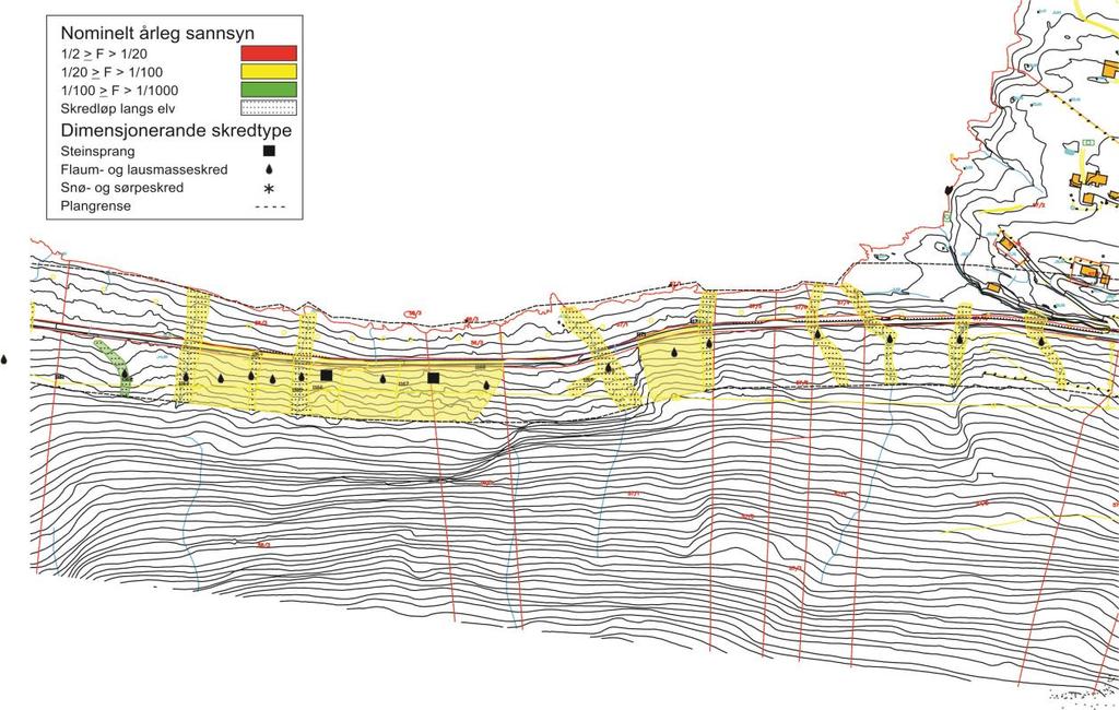 konsekvensklasse D, og det må dermed utførast sikringstiltak. Sjå Kapittel 6 for våre tilrådingar. Figur 44: Faresonekart for skred langs einingsstrekning 2.