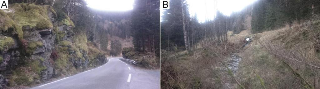 Figur 57: A: Vegskjering i austre delar av strekninga. B: Elv som kjem ned ved Holmeli. 5.5.2. Samanstilling og diskusjon kring skredfare Flaum- og lausmasseskred NVE m. fl.