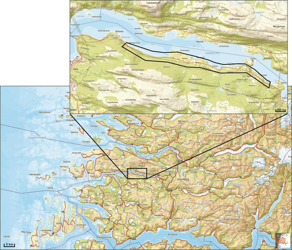 KAPITTEL 1 OMRÅDESKILDRING 1.1. Plassering Undersøkingsområdet er langs den planlagde vegtraseen langs Fv. 57 frå Setenes til Nistadlia på sørsida av Dalsfjorden.